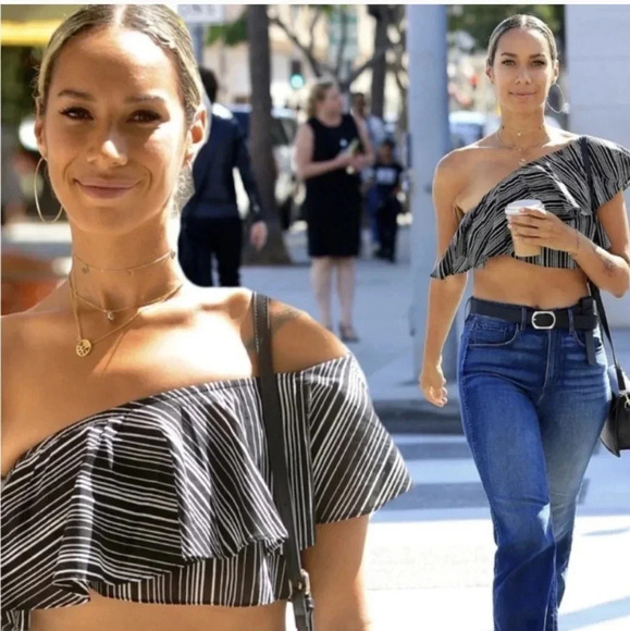 NEW For Love and Lemons One Shoulder Crop Top Striped Black White Medium - Picture 4 of 9